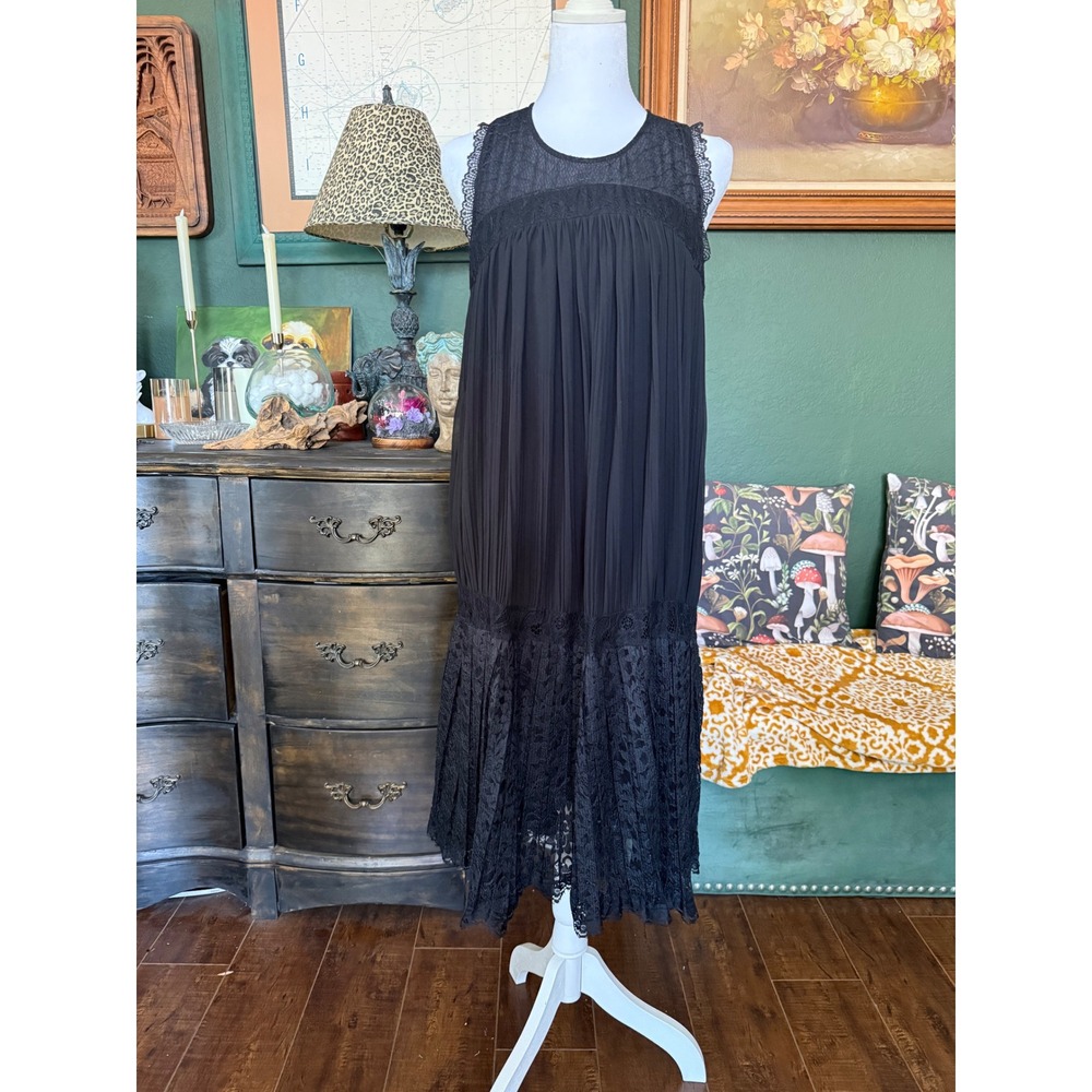 Floreat Anthropologie Black Lace Pleated Drop Waist Midi Dress Womens Size 8